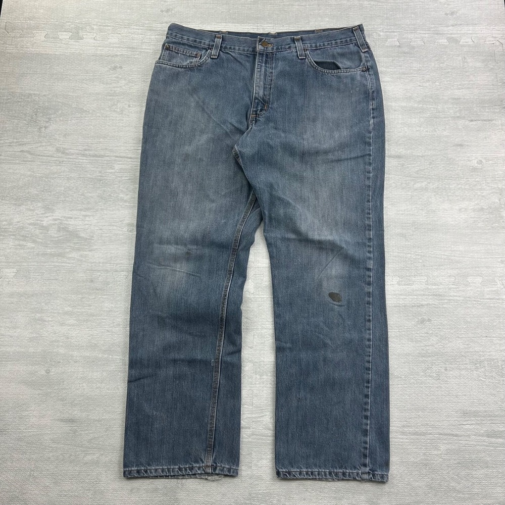 Vintage 90s Carhartt Jeans Size 38x32 Blue Light Wash Denim Workwear Relaxed Fit